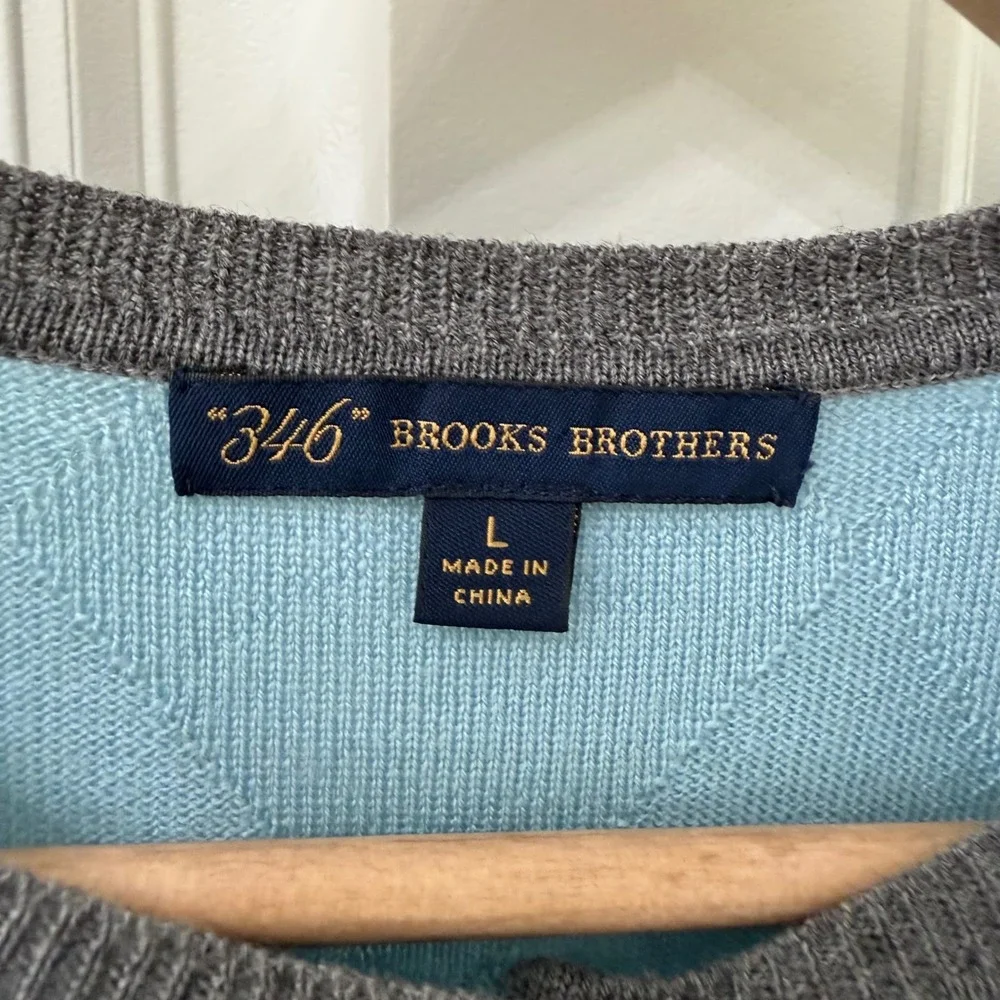 Brooks Brothers Cardigan L Blue Merino Wool‎ Diamond Knit Button Front 346